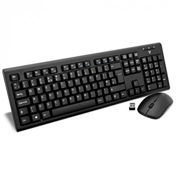 V7 CKW200UK Wireless Keyboard and Mouse Combo English Layout (UK, Media-Hot-Keys, USB Nano Receiver), Black