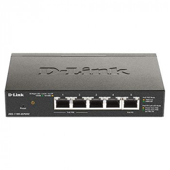 D-Link DGS-1100 Series 5-Port Gigabit PoE‑Powered Smart Managed Switch with 2 PoE Ports, PoE powered, PoE-passthrough, 802.3af, VLAN support, layer 2 features, QoS, 802.3az EEE, Fanless