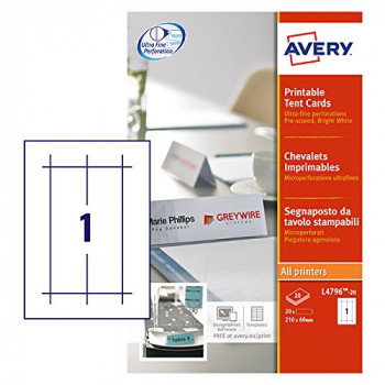 Avery L4796-20 Printable Place/Tent Cards, 1 Card Per A4 Sheet, White