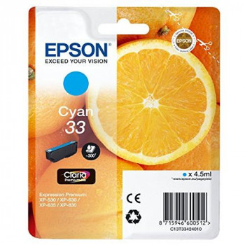 EPSON 33 Claria Oranges Premium Ink Cartridge, Cyan, Genuine