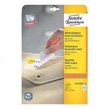 Avery L4743REV-25 Printable Labels with Removable Adhesive (99.1 x 42.3 mm Labels, 12 Labels Per A4 Sheet, 25 Sheets) - White