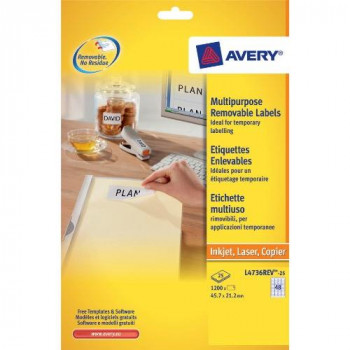 Avery L4736REV-25 Mini Labels with Removable Adhesive (45.7 x 21.2 mm Labels, 48 Labels Per A4 Sheet, 25 Sheets) - White