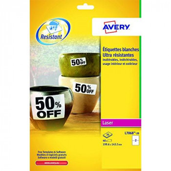 Avery L7068-20 Heavy Duty Weatherproof Labels for Laser Printers (199.6 x 143.5 mm Labels, 2 Labels Per A4 Sheet, 20 Sheets)
