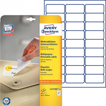 Avery L4737REV-25 Removable Labels (A4 Sheet of 63.5 x 29.6 mm Labels, 27 Labels per Sheet, 25 Sheets) - White