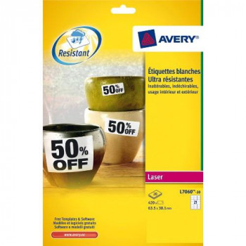 Avery L7060-20 Heavy Duty Weatherproof Labels for Laser Printers (63.5 x 38.1 mm Labels, 21 Labels Per A4 Sheet, 20 Sheets)