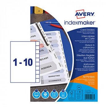 Avery 01816061 A4 IndexMaker Unpunched Dividers with Printable Tabs, 10 Part Dividers - White