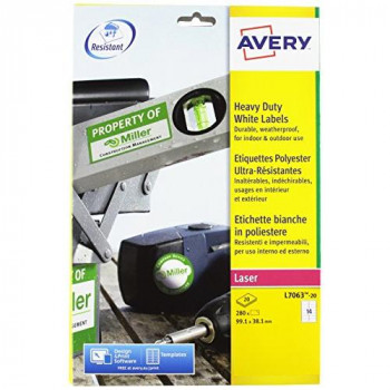 Avery L7063-20 Heavy Duty Weatherproof Labels for Laser Printers (99.1 x 38.1 mm Labels, 14 Labels Per A4 Sheet, 20 Sheets)