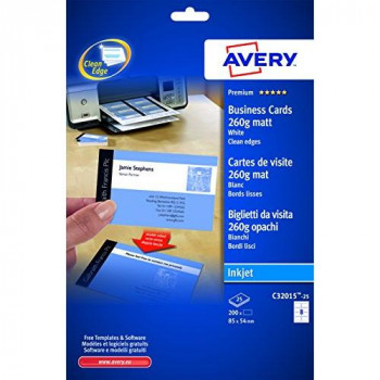 Avery C32015-25 Double Side Printable Business Cards with Matt Finish, 260 gsm for Inkjet Printers (85 x 54 mm Cards, 8 Cards per A4 Sheet, 25 Sheets per Pack) - Bright White