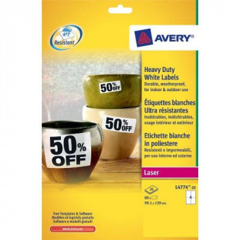 Avery L4774-20 Heavy Duty Weatherproof Labels for Laser Printers (99.1 x 139 mm Labels, 4 Labels Per A4 Sheet, 20 Sheets)