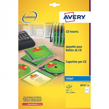 Avery J8435-25 Printable CD Case Cover, Spine and Tray Inserts A4, 1 Full Set per Sheet, 25 Sheets - White