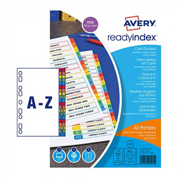 Avery 02003501 A4 ReadyIndex Pre-Printed Punched Dividers, A-Z Alpha (20 Part Dividers) - Multicoloured