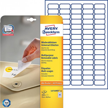 Avery L4732REV-25 Mini Labels with Removable Adhesive (35.6 x 16.9 mm Labels, 80 Labels Per A4 Sheet, 25 Sheets) - White